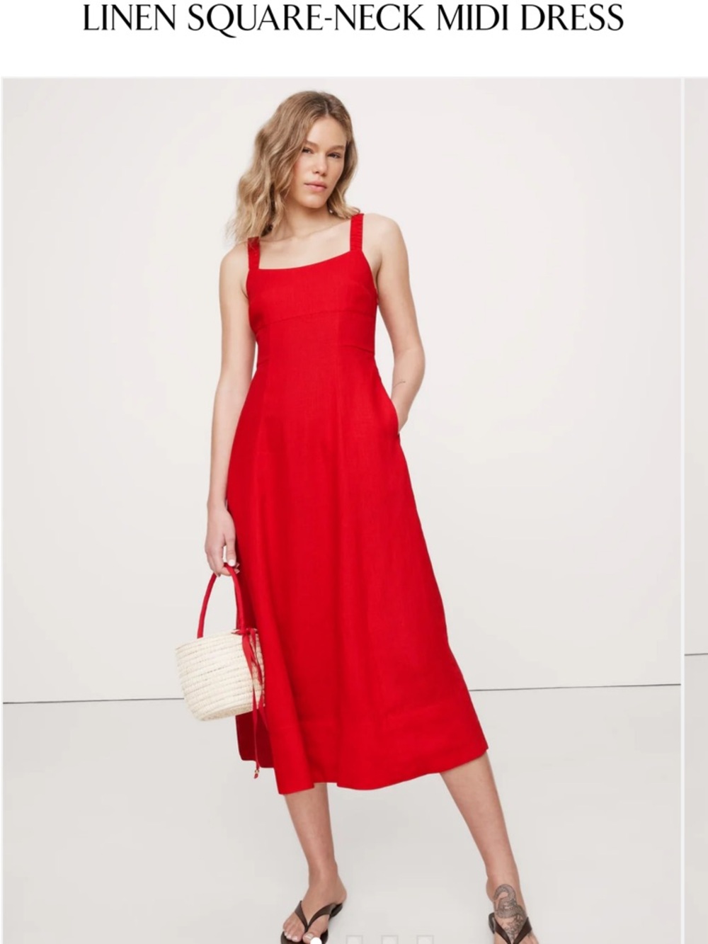 Banana Republic Red Linen Square-Neck Midi Dress 14P